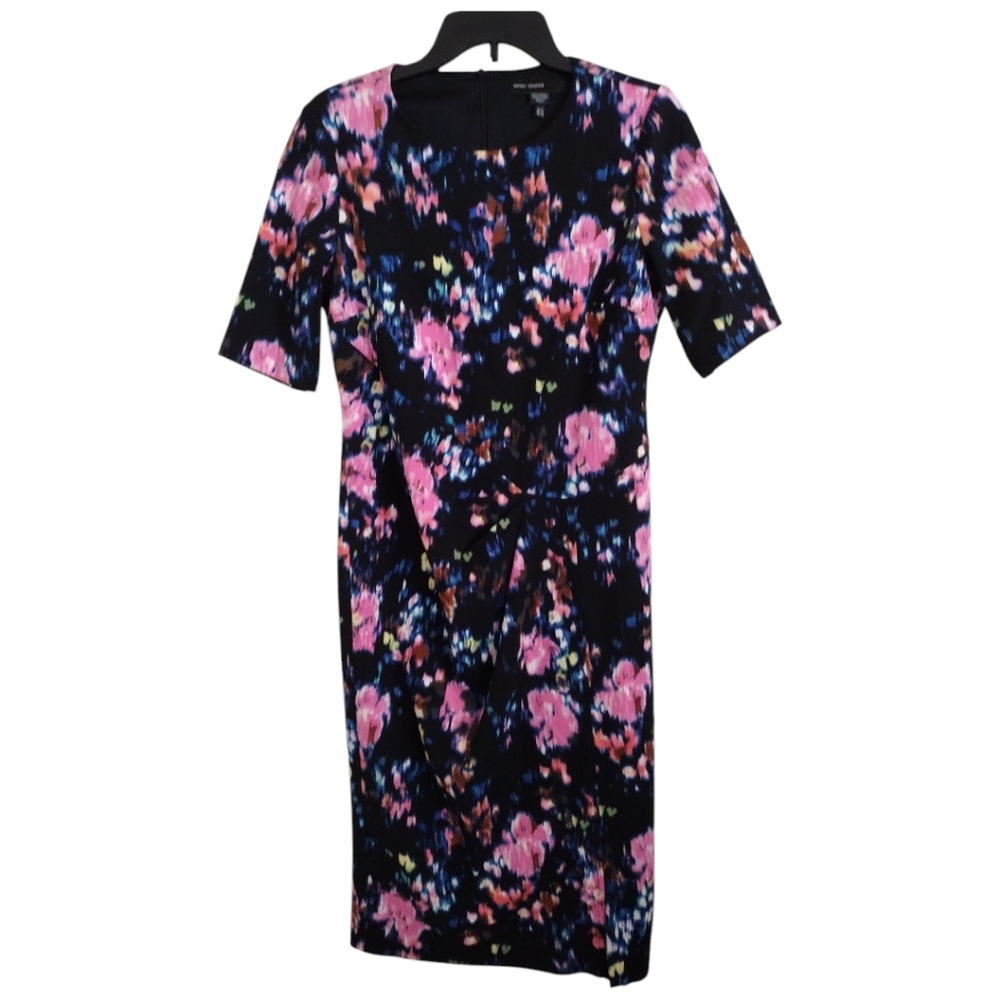 Maggy London abstract floral multicolor floral dress asymmetrical ruching Size 8